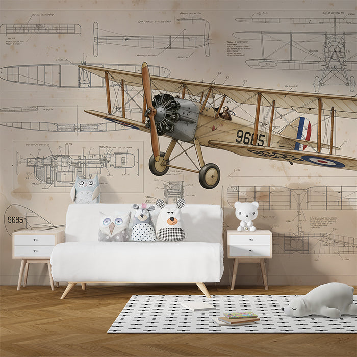 Papel de parede criança | Aviões vintage e esboços técnicos