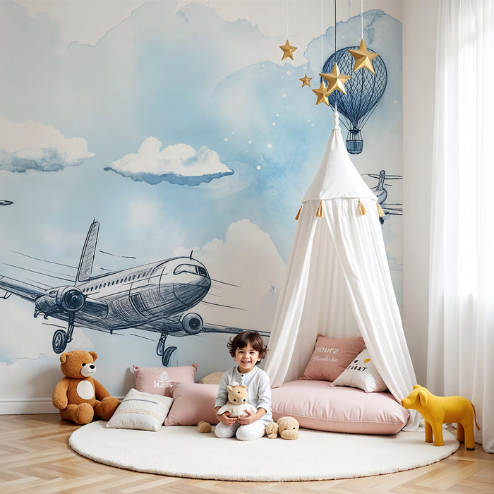 Tapet avion și balon cu aer cald | Design aerian și ludic