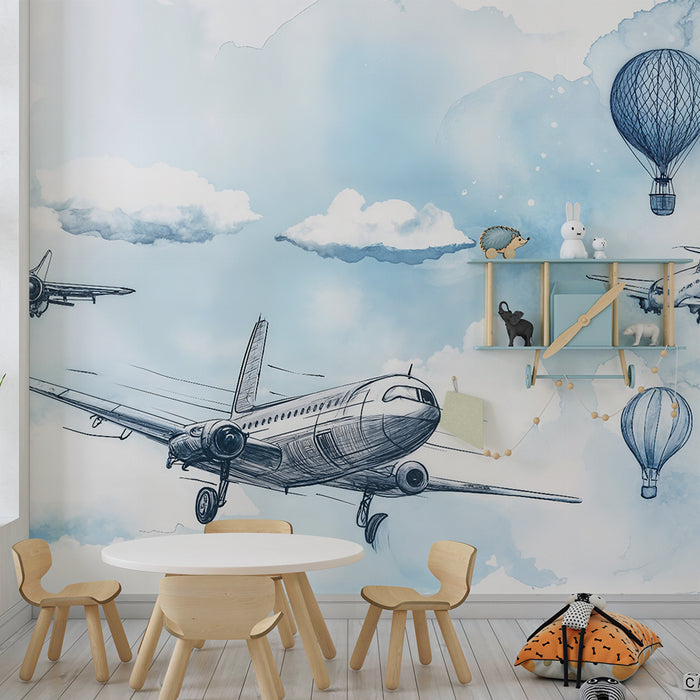Tapet avion și balon cu aer cald | Design aerian și ludic
