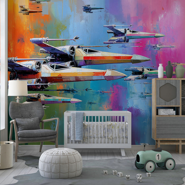 Papier peint chambre enfant | Vaisseaux spatiaux colorés
