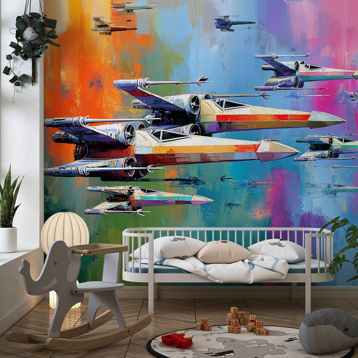 Papier peint chambre enfant | Vaisseaux spatiaux colorés