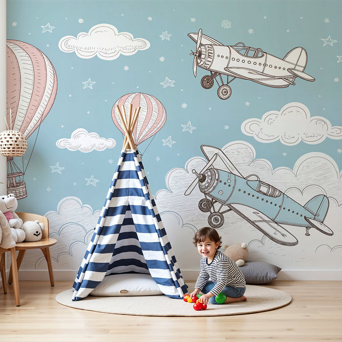 Tapet copii aerian | Balon cu aer cald și avioane
