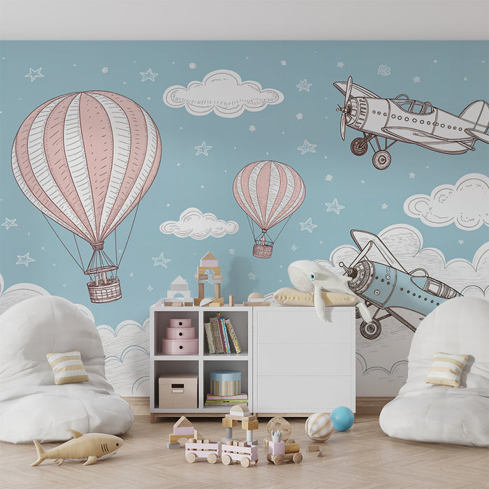 Tapet copii aerian | Balon cu aer cald și avioane