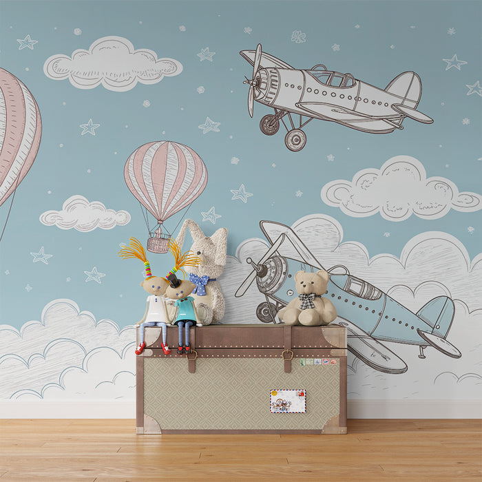 Tapet copii aerian | Balon cu aer cald și avioane