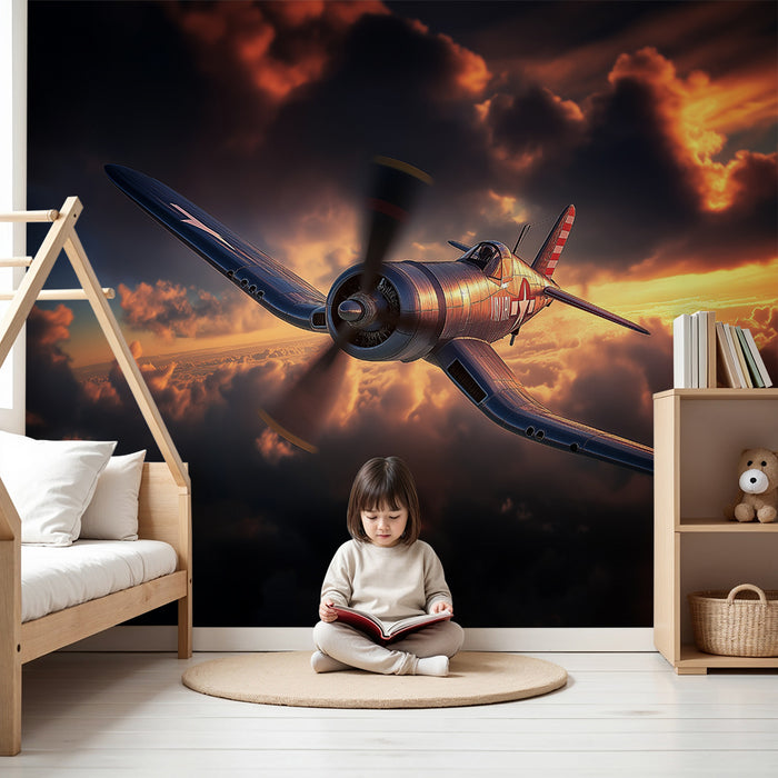 Papier de parede za otroško sobo | Vintage letalo ob sončnem zahodu