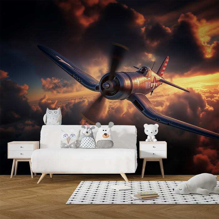 Papier de parede za otroško sobo | Vintage letalo ob sončnem zahodu