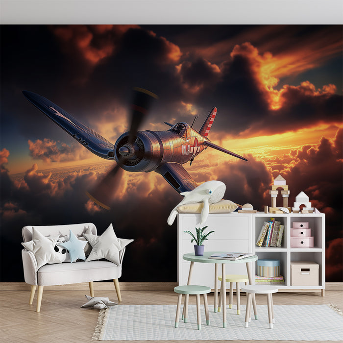 Papier de parede za otroško sobo | Vintage letalo ob sončnem zahodu