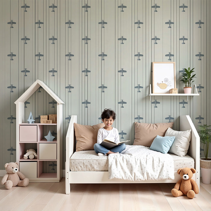 Lastenhuoneen tapetti | Retro lentokoneet ja pystysuorat viivat