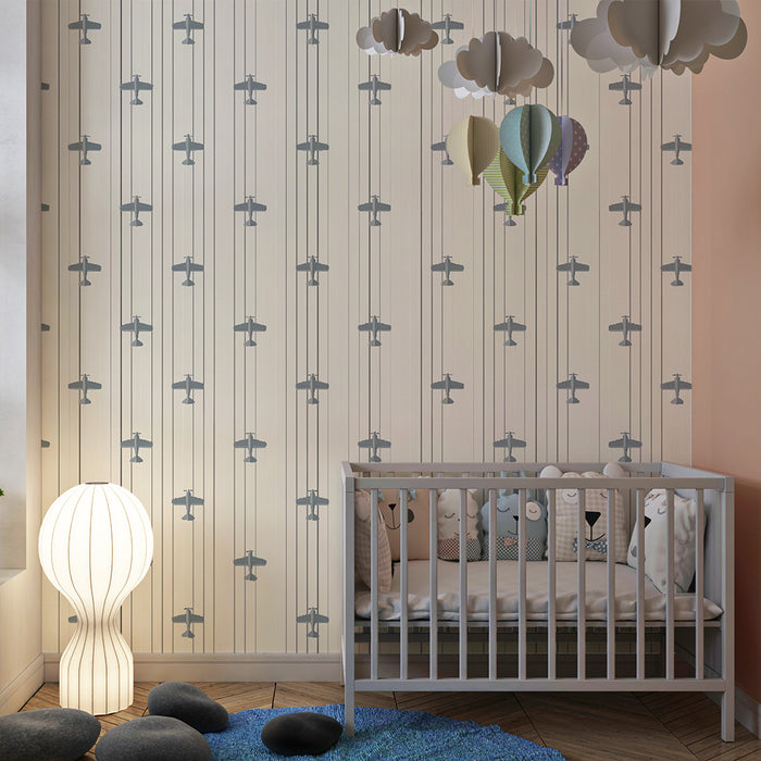 Lastenhuoneen tapetti | Retro lentokoneet ja pystysuorat viivat
