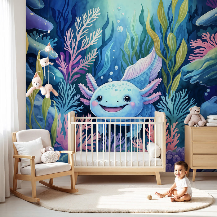Kinderzimmer Tapete | Blaues Unterwasserabenteuer mit Axolotl
