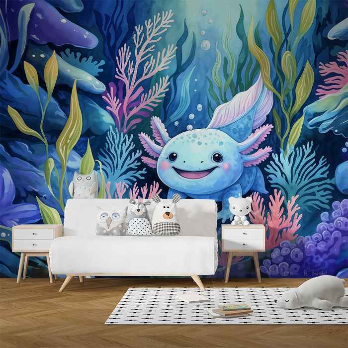 Kinderzimmer Tapete | Blaues Unterwasserabenteuer mit Axolotl