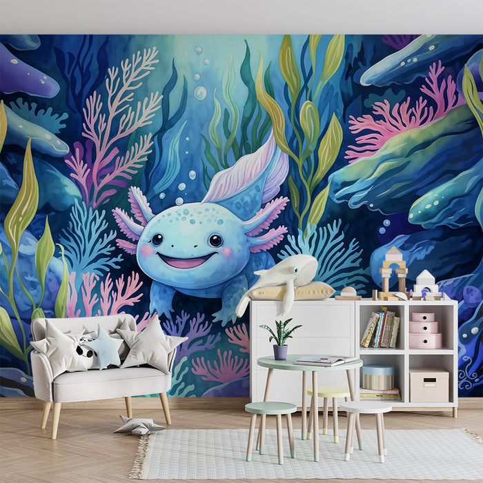 Kinderzimmer Tapete | Blaues Unterwasserabenteuer mit Axolotl