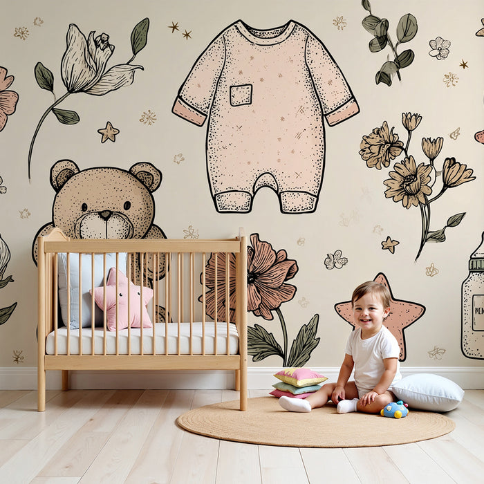 Papier peint chambre bébé | Ours en peluche et fleurs délicates
