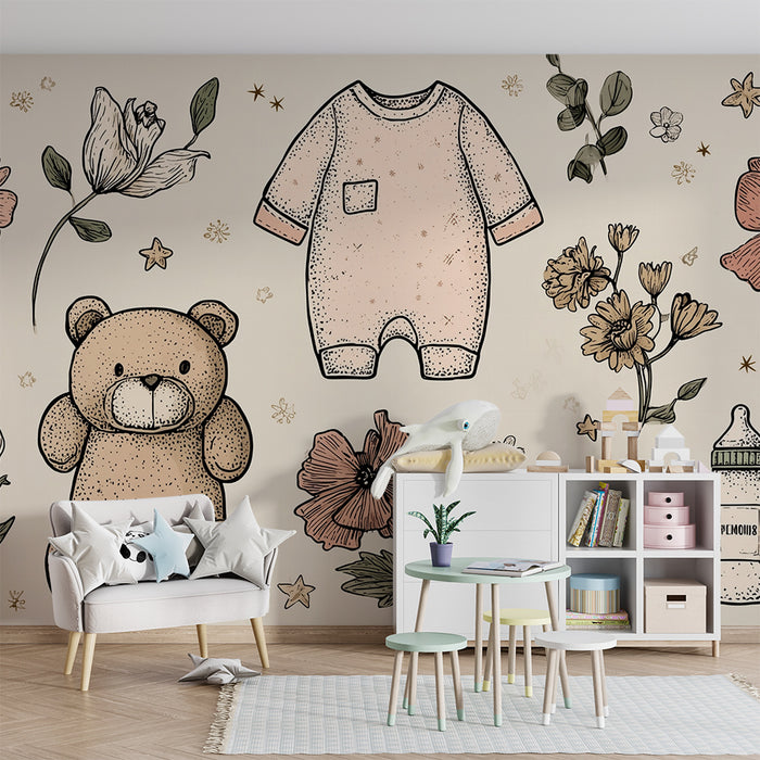 Papier peint chambre bébé | Ours en peluche et fleurs délicates