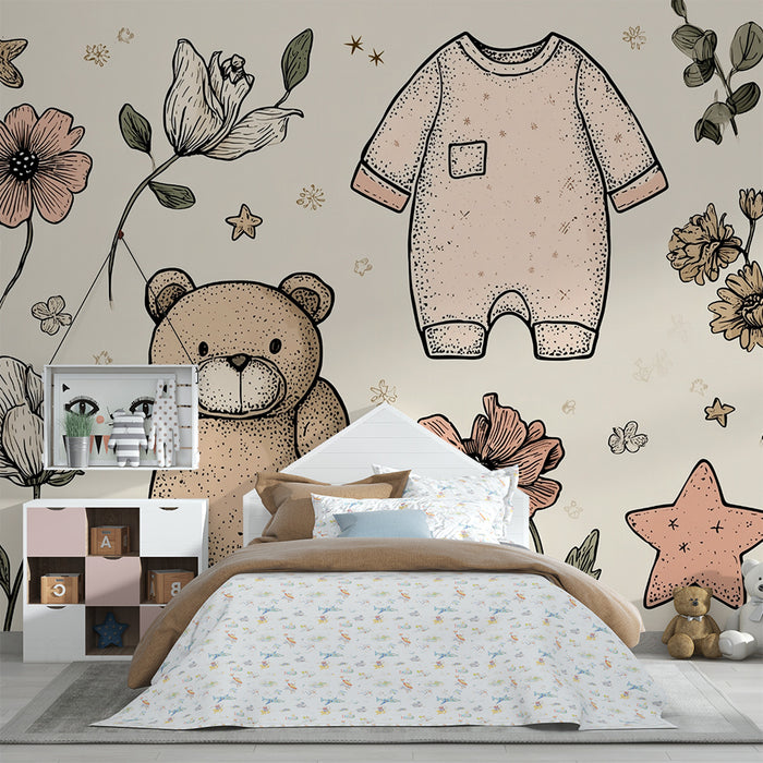 Papier peint chambre bébé | Ours en peluche et fleurs délicates