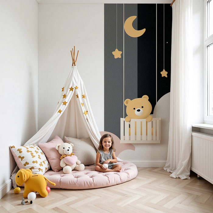Papier peint chambre bébé | Ours en nuage et étoiles