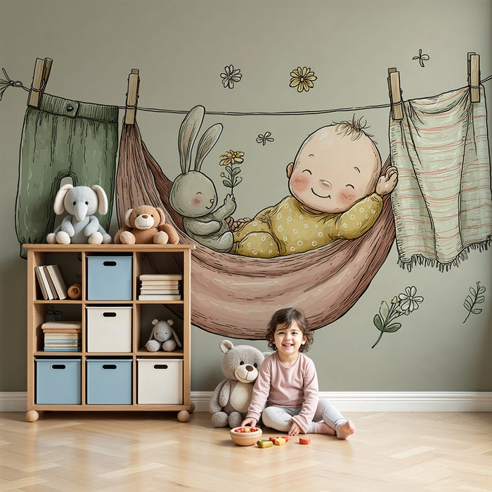 Barntapet | Söt tupplur med gosedjur och blommor