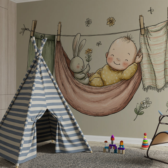 Barntapet | Söt tupplur med gosedjur och blommor