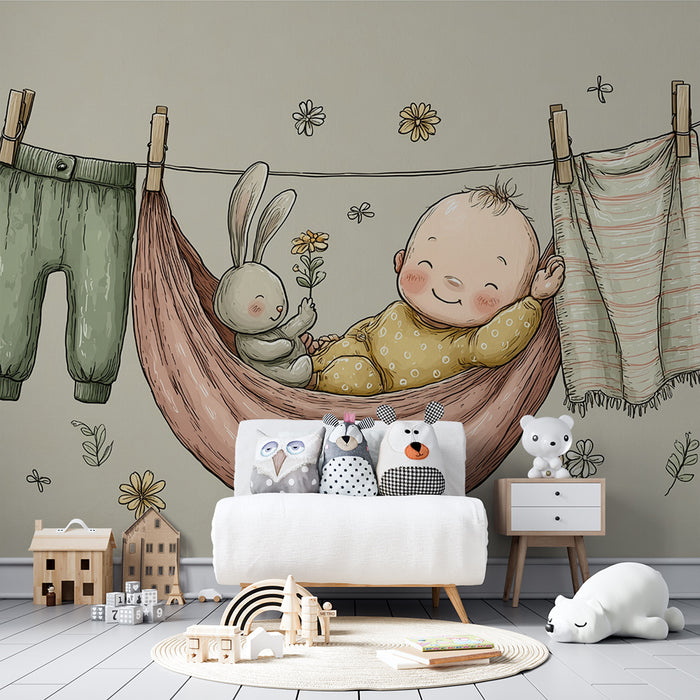 Barntapet | Söt tupplur med gosedjur och blommor