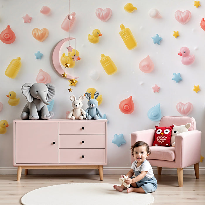 Babyzimmer Tapete | Schwäne und pastellfarbene Sterne