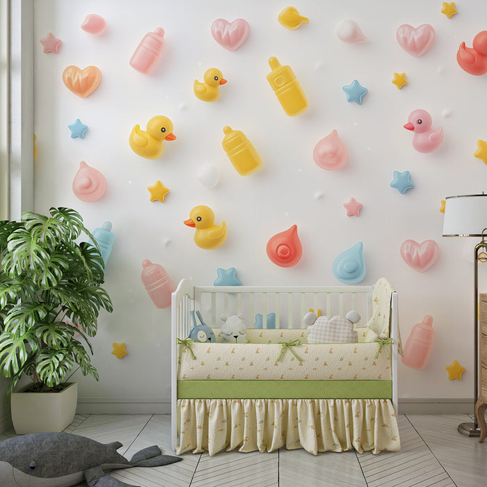 Babyzimmer Tapete | Schwäne und pastellfarbene Sterne