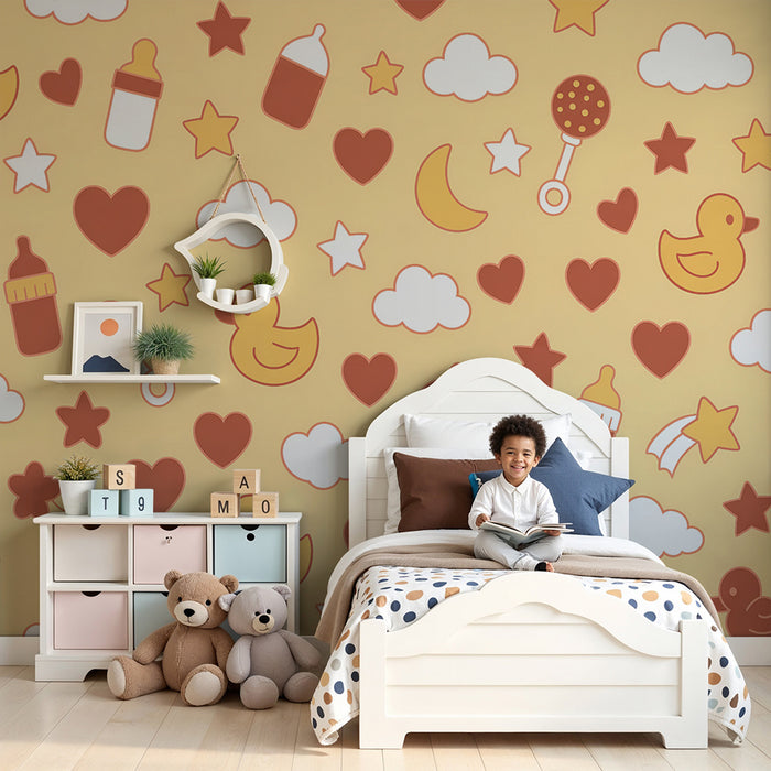 Papier peint chambre bébé | Canards et étoiles sur fond jaune