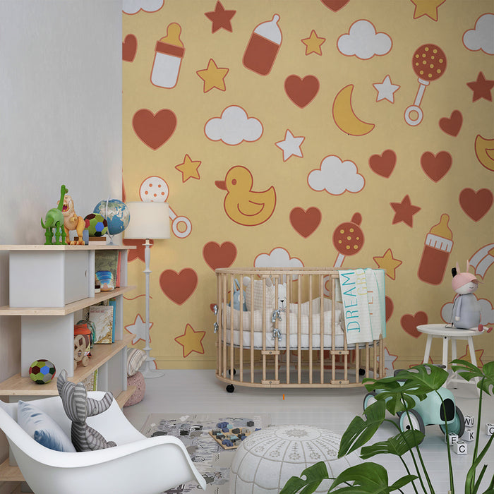 Papier peint chambre bébé | Canards et étoiles sur fond jaune
