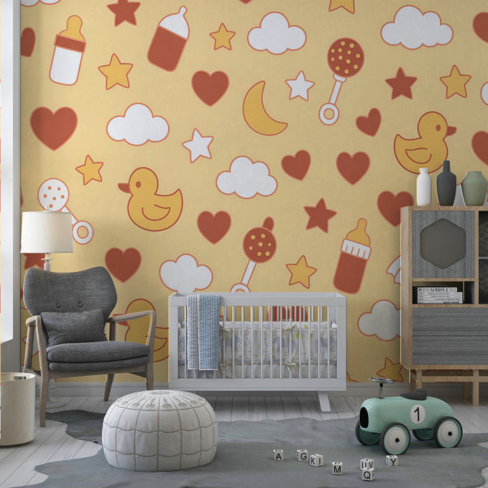 Papier peint chambre bébé | Canards et étoiles sur fond jaune