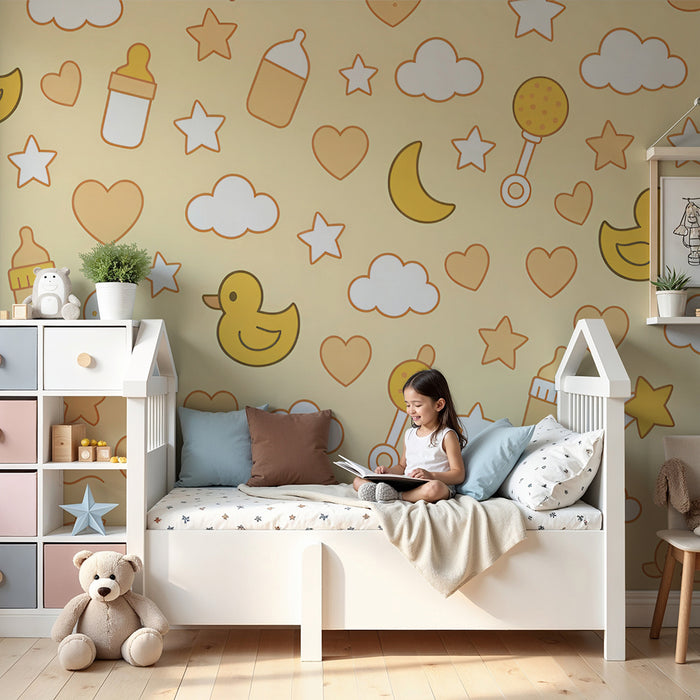 Lastenhuoneen tapetti | Keltaiset ankot ja pehmeät symbolit