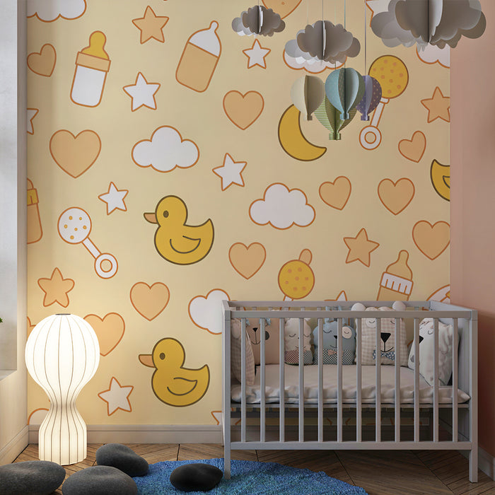 Lastenhuoneen tapetti | Keltaiset ankot ja pehmeät symbolit
