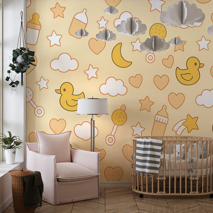 Lastenhuoneen tapetti | Keltaiset ankot ja pehmeät symbolit