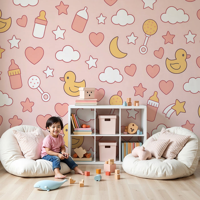 Babykamer behang | Eenden en pastelroze sterren