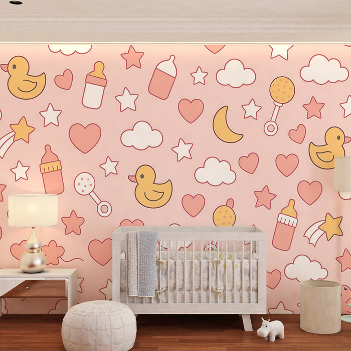 Babykamer behang | Eenden en pastelroze sterren