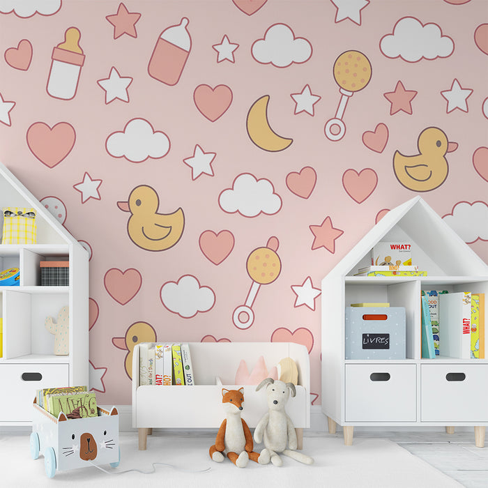 Babykamer behang | Eenden en pastelroze sterren
