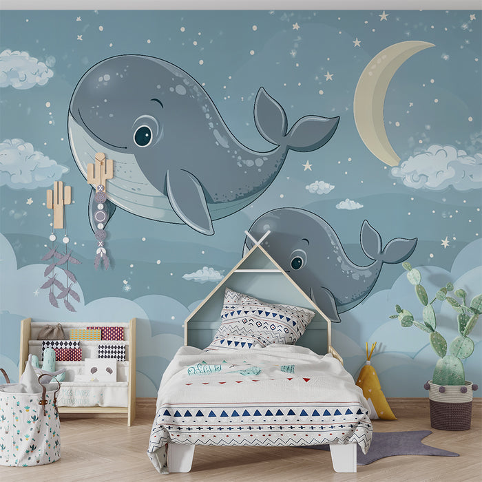 Papier peint chambre enfant | Baleines rêveuses et ciel étoilé