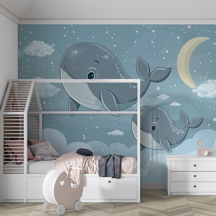 Papier peint chambre enfant | Baleines rêveuses et ciel étoilé