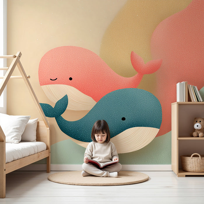Babyværelses tapet | Farverige hvaler og bløde nuancer