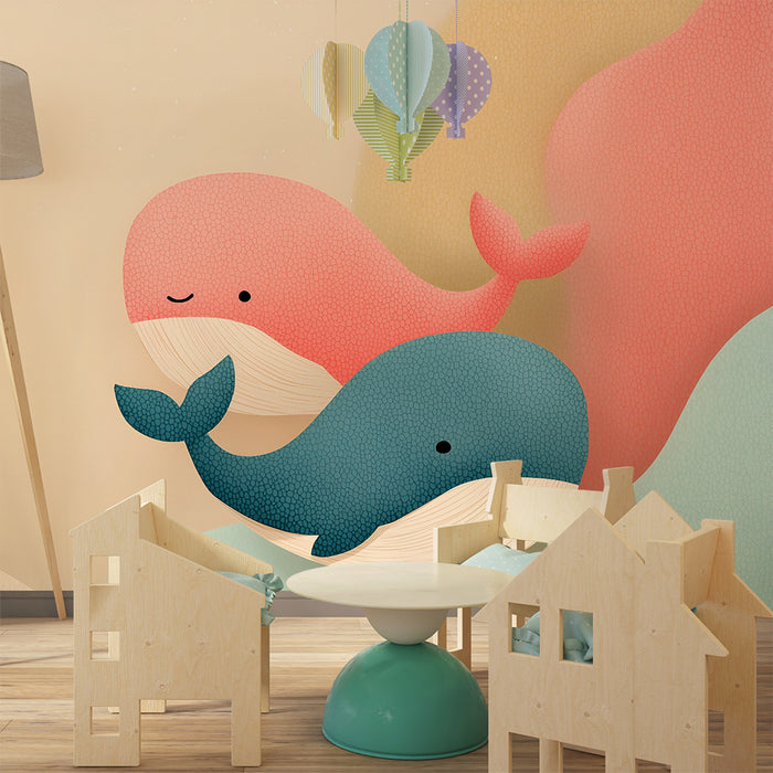 Babyværelses tapet | Farverige hvaler og bløde nuancer