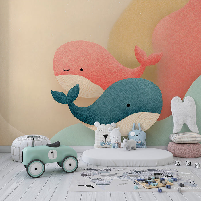 Babyværelses tapet | Farverige hvaler og bløde nuancer