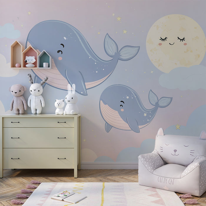 Carta da parati bambini | Balene felici al chiaro di luna
