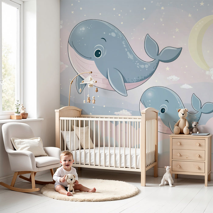 Papel pintado infantil | Ballenas y nubes de ensueño