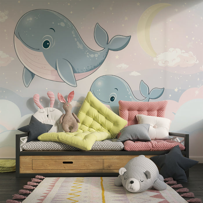 Papel pintado infantil | Ballenas y nubes de ensueño