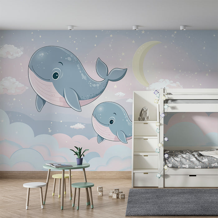Papel pintado infantil | Ballenas y nubes de ensueño