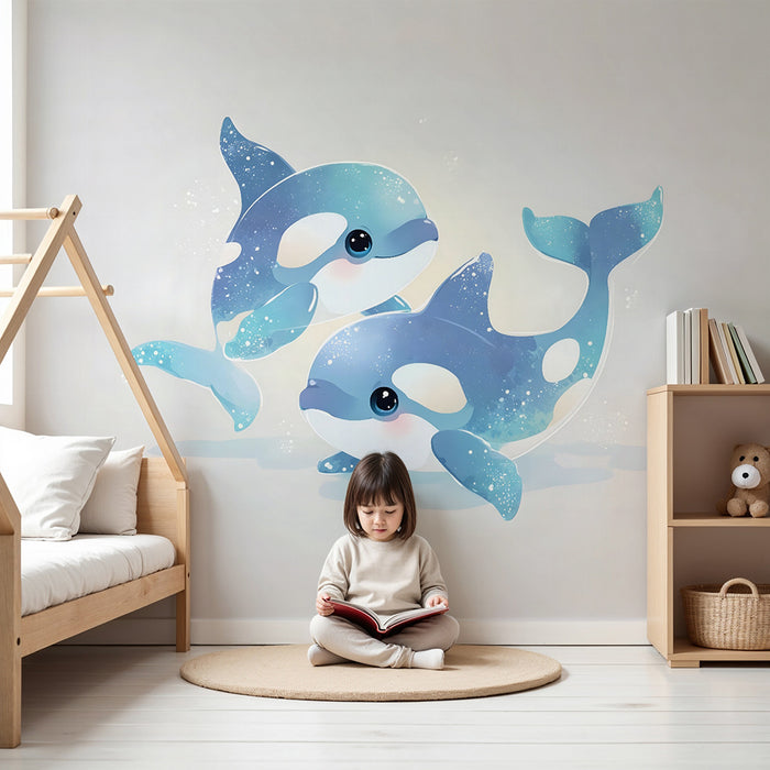 Carta da parati bambini | Balene blu e scintillanti