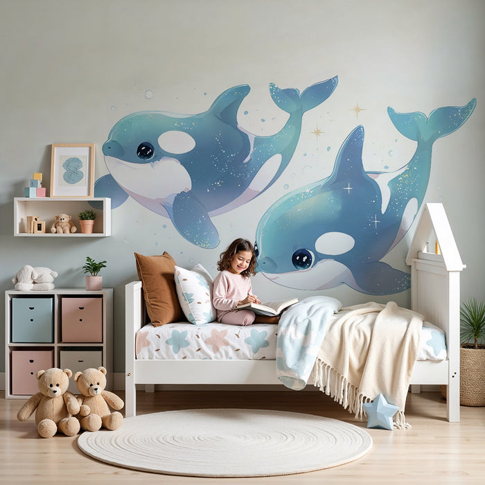 Carta da parati bambini | Balene magiche e scintillanti