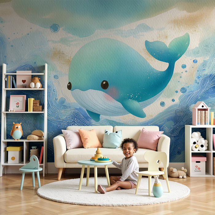 Papel de parede criança | Baleia feliz e ondas aquarela