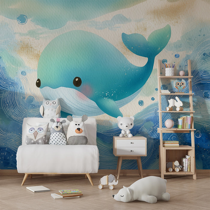 Papel de parede criança | Baleia feliz e ondas aquarela