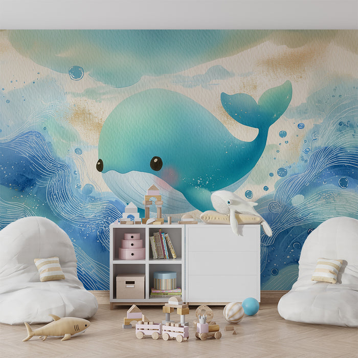 Papel de parede criança | Baleia feliz e ondas aquarela