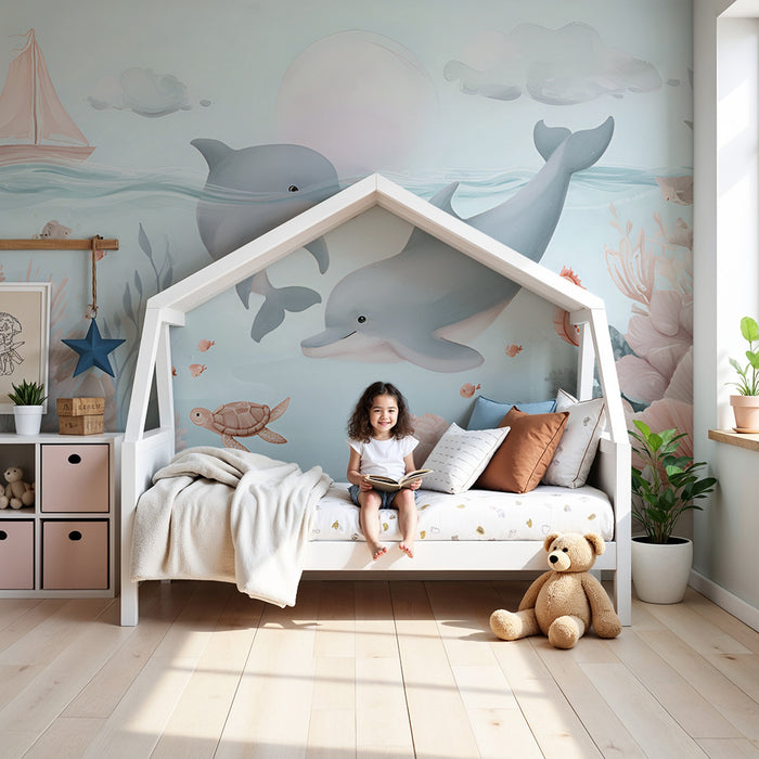 Babykamer behang | Betoverde dolfijnen en pastel koralen
