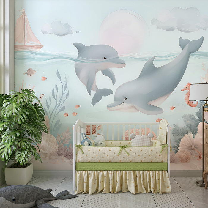 Babykamer behang | Betoverde dolfijnen en pastel koralen